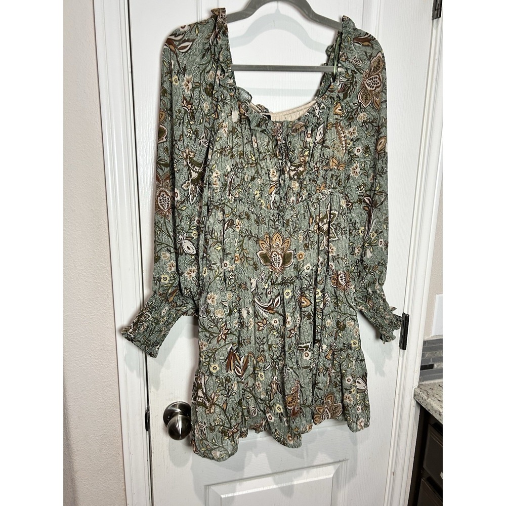 Blu Pepper Ruffle Green Floral Mini Dress Long Sleeve Cuffs Folk Peasant Boho - Picture 3 of 6